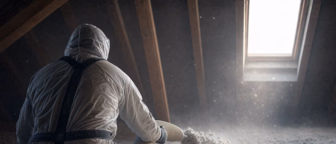 Artisan soufflant de la laine isolante dans des combles