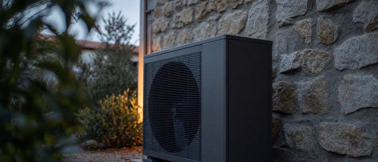 Pompe à chaleur air/eau installée contre un mur en pierre