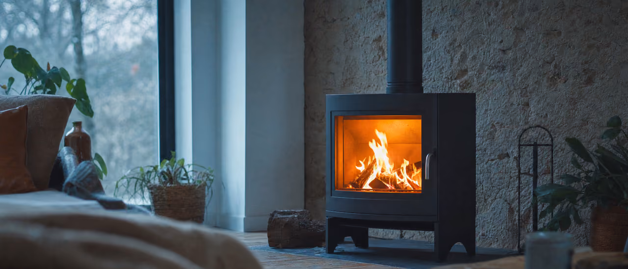 Poêle à bois moderne allumé dans un salon chaleureux